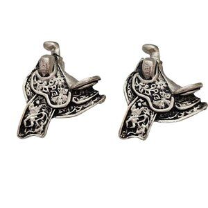 Nancy Katz Silver Tone Equestrian Horse Saddle Design Shoe Clips, Signed